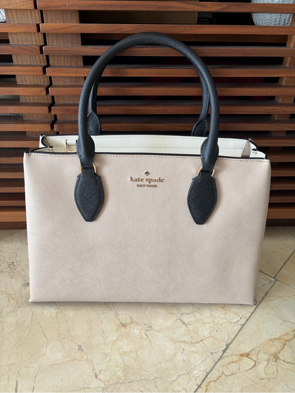 Kate Spade Rae Medium Satchel Warm Beige Black Saffiano NWT KK992